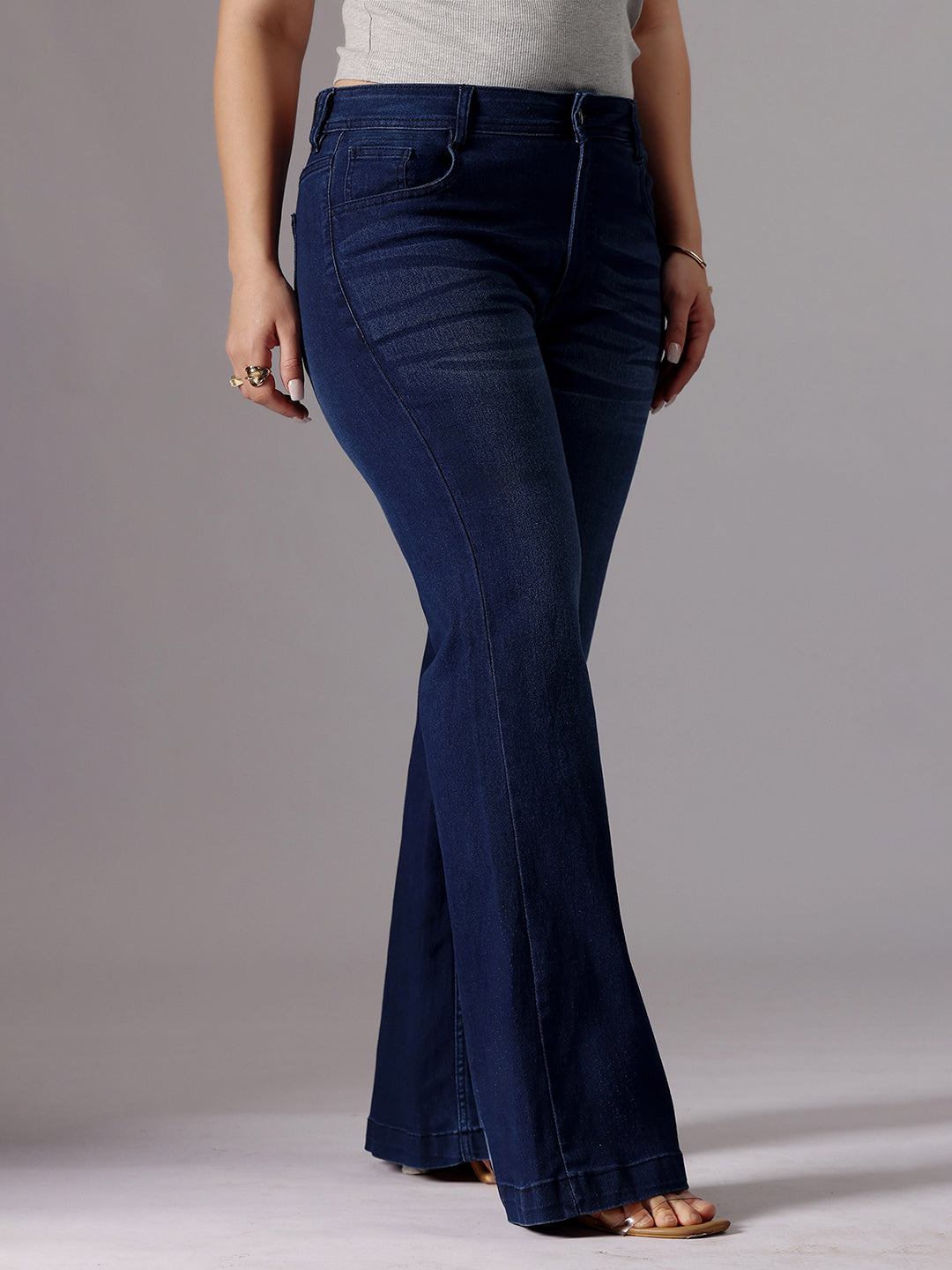 24/7 Comfort Navy-Blue High-Rise Clean-Look Regular-Length Stretchable Bootcut Denim Jeans