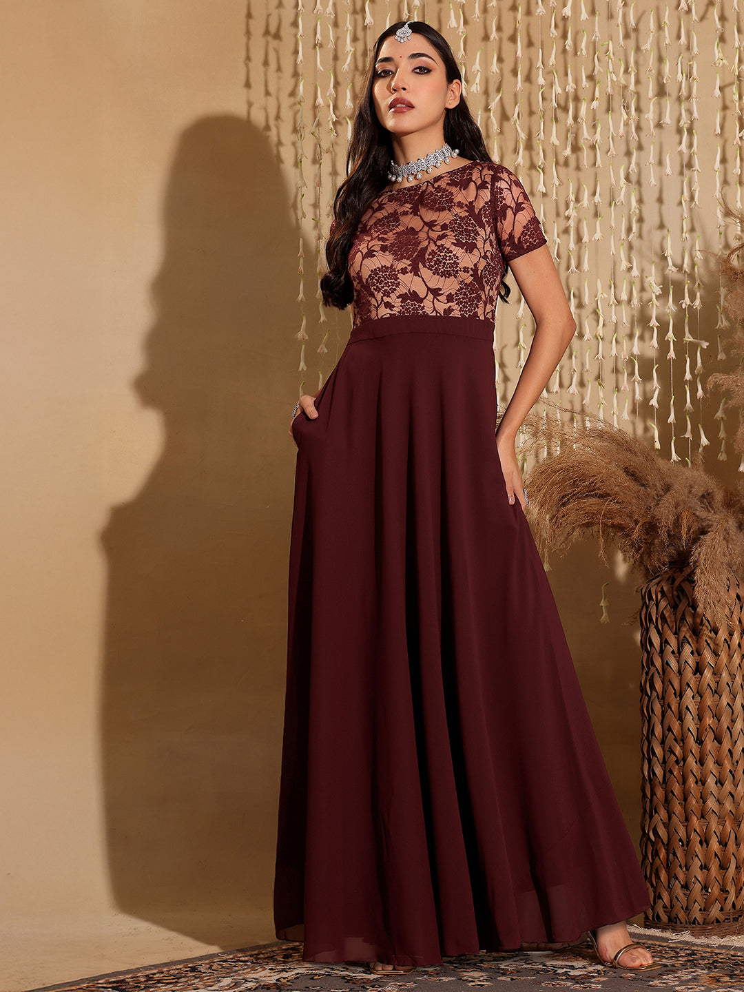 Women's Wine & Beige Relaxed Fit Regular Georgette Dress