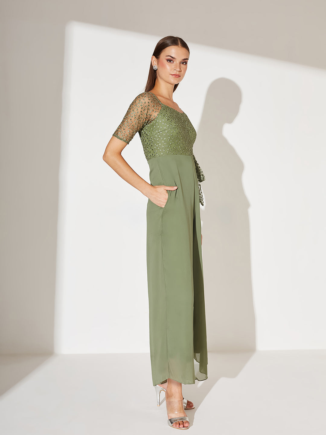 Women's Light Green Square Neck Raglan sleeve Solid Embroidered Regular Jumpsuit