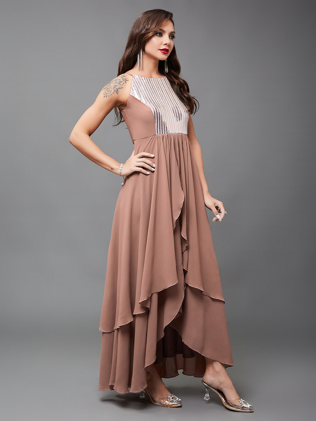 Women's Multicolored-Base-Dusty Peach Halter Neck Sleeveless Embellished Layered Georgette Maxi Dress