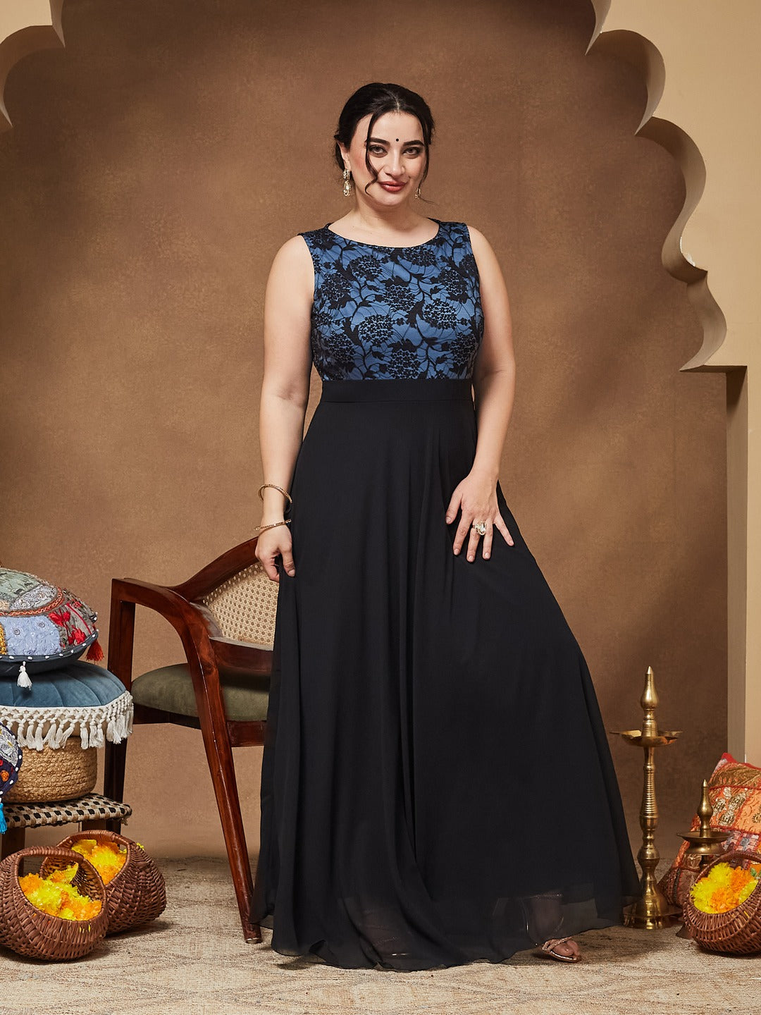 Blue & Black Round Neck Sleeveless Georgette Floral Lace Fit & Flare Maxi Dress for Women — Miss Chase A+