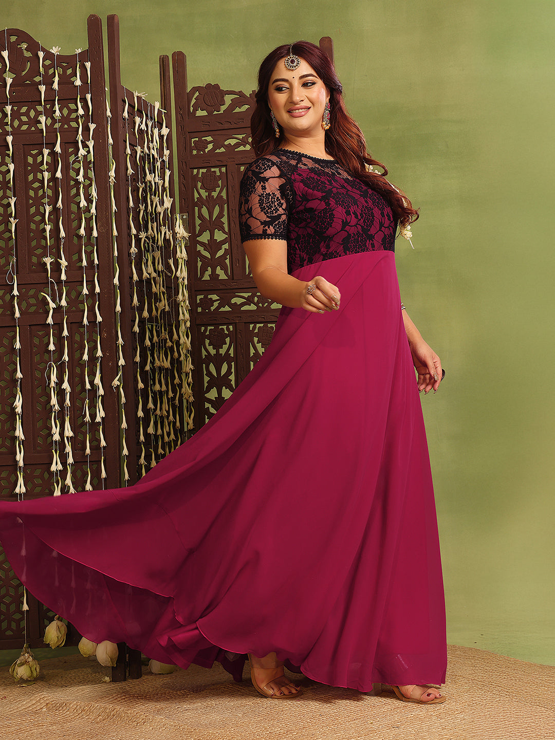 Women's Dark Pink Georgette Short-Sleeved Self-Design Lace-Overlaid Maxi Dress