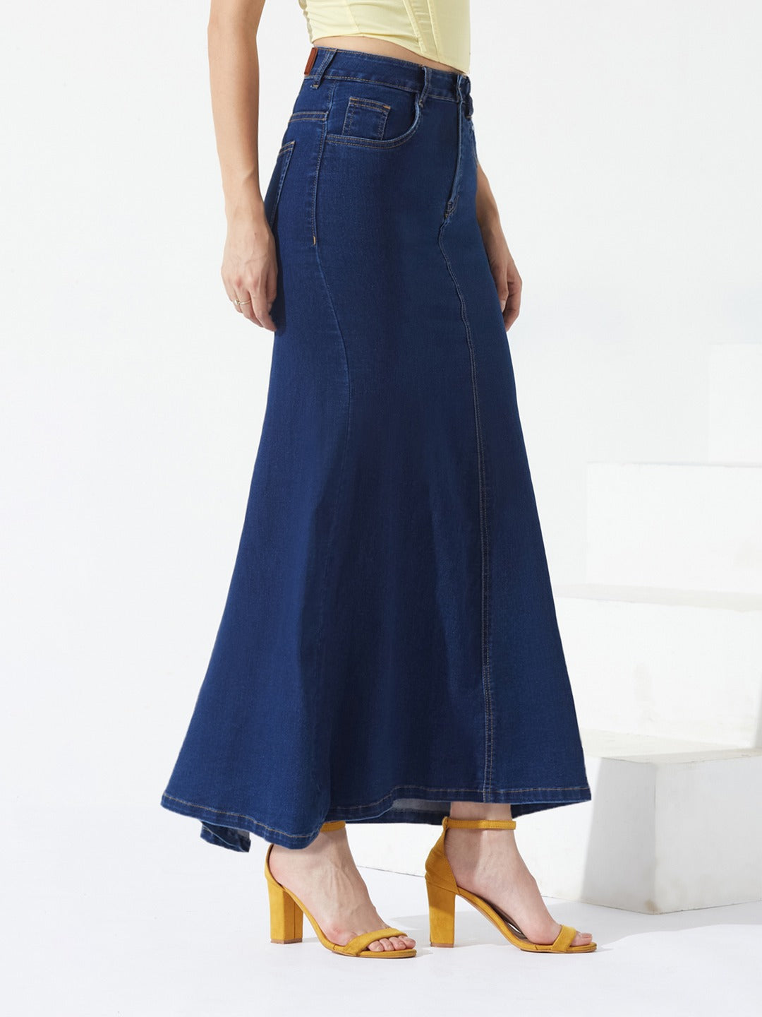 Dark Blue Flared High-Rise Stretchable Denim Maxi Skirt for Women