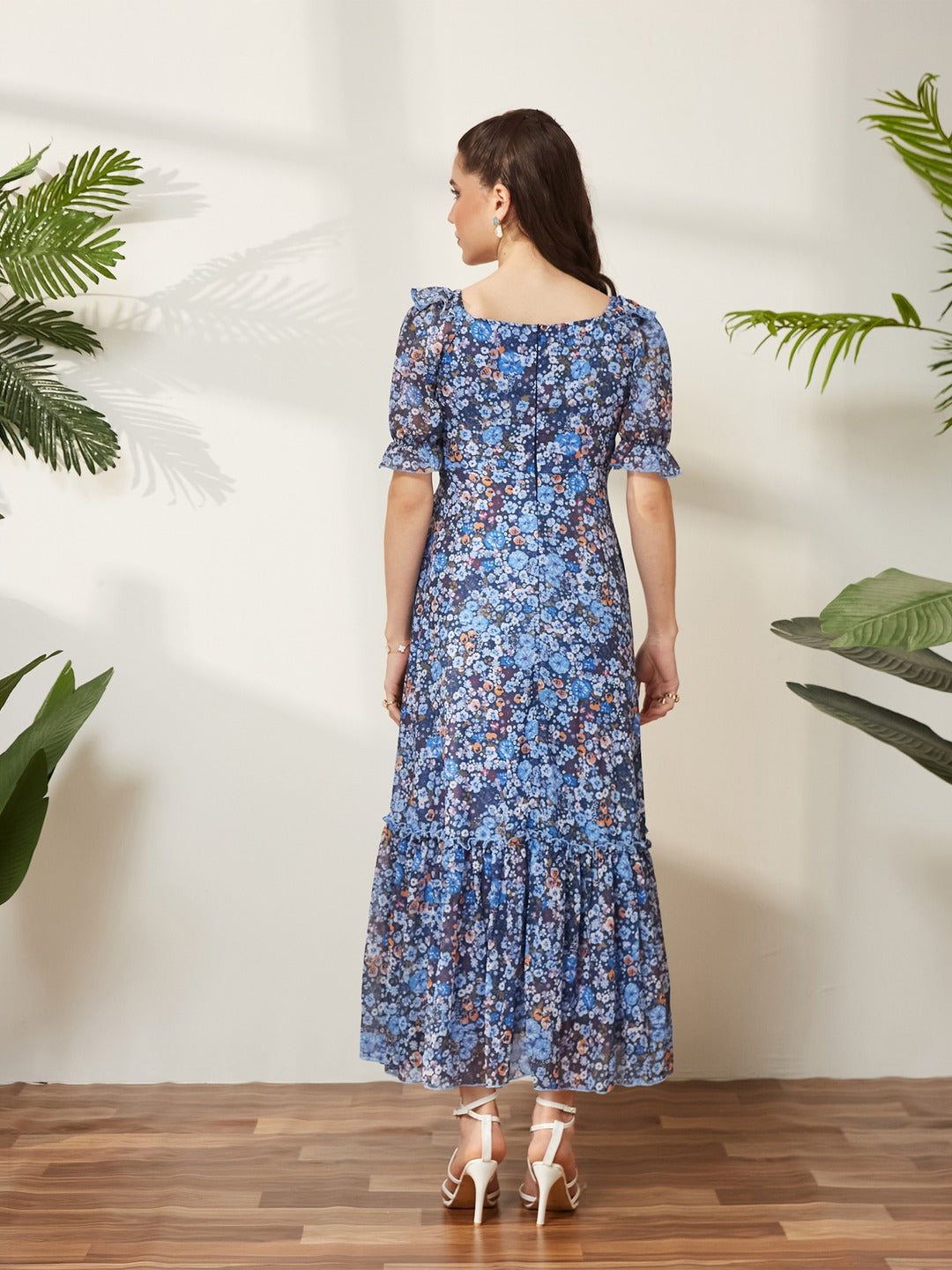 Navy Blue V-Neck Puff Sleeve Floral Ruching Ankle-Length Dress for Women