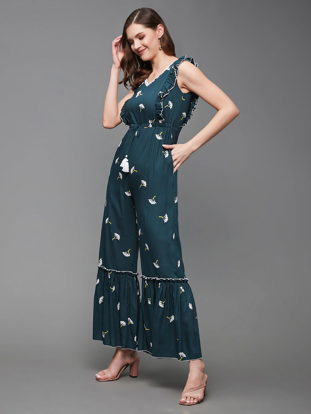 Women's Multicolored-Base-Teal Floral V-Neck Ruffled Sleeves Viscose Rayon Tiered Regular-Length Jumpsuit