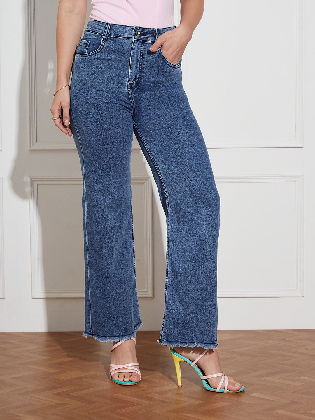 Women's Navy-Blue Wide-Leg High Rise Regular-Length Stretchable Denim Jeans