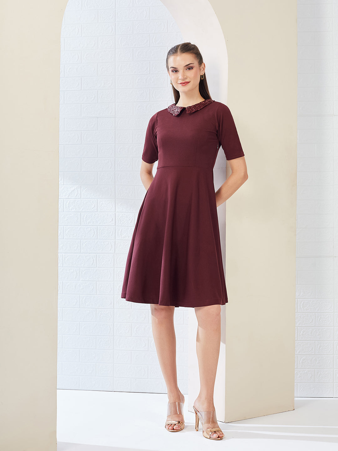 Wine Red Collared Round Neck Half Sleeve Solid Knee-Long Skater Dress for Women