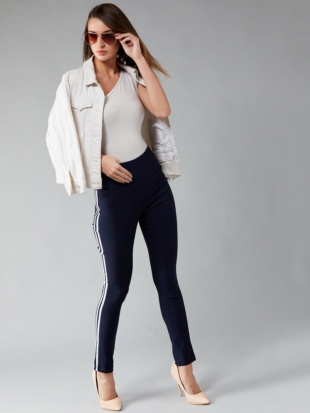 Women's Navy Blue Solid Skinny High Waist White Twill Tape Detailing Regular Length Treggings