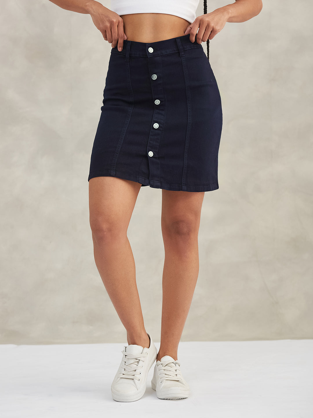 Women's Navy Blue Stretchable Solid A-line Mini Denim Skirt