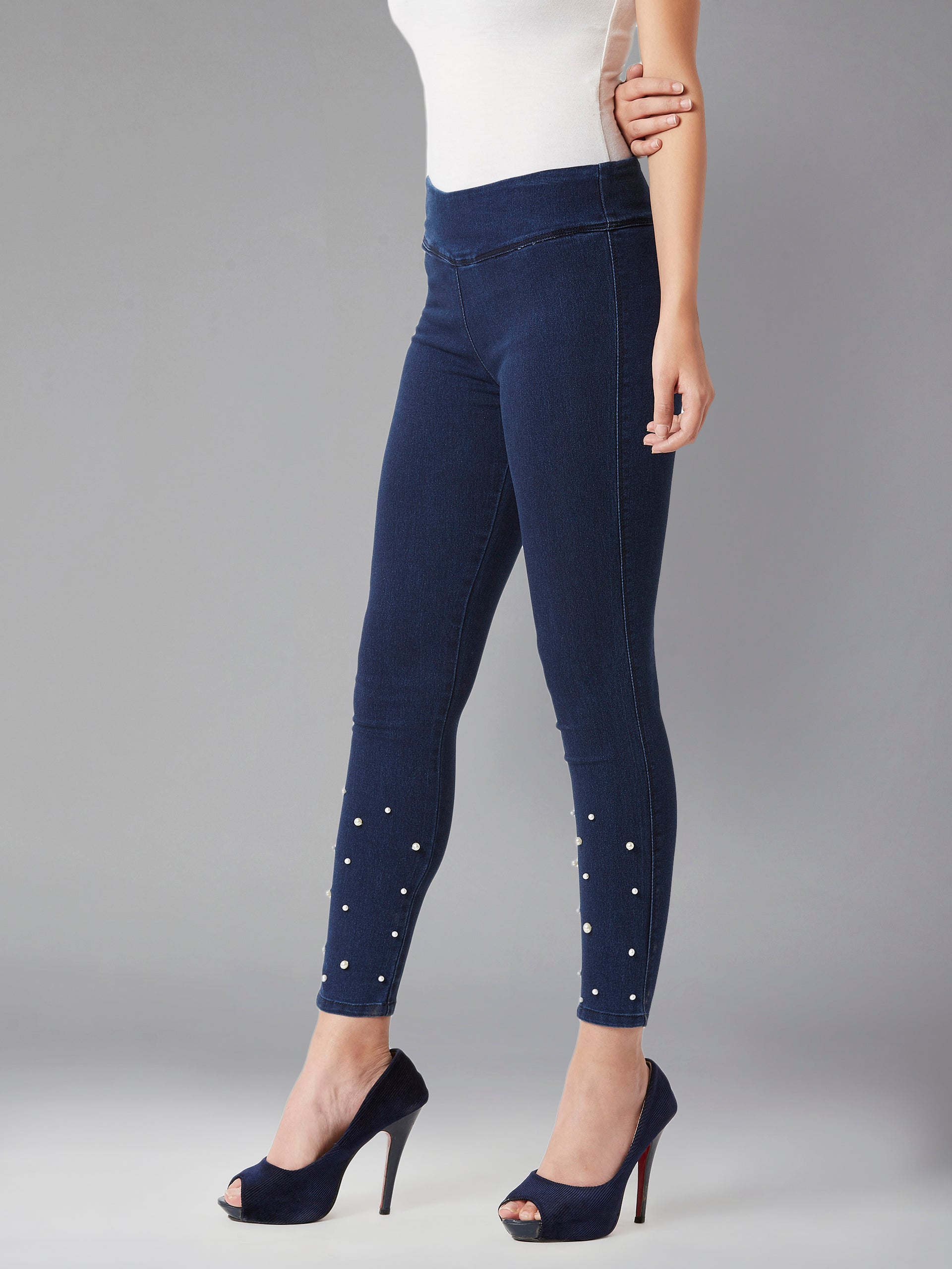 Women's Navy Blue Super Skinny High Rise Clean Look Regular Length Embellished Stretchable Denim Jeggings