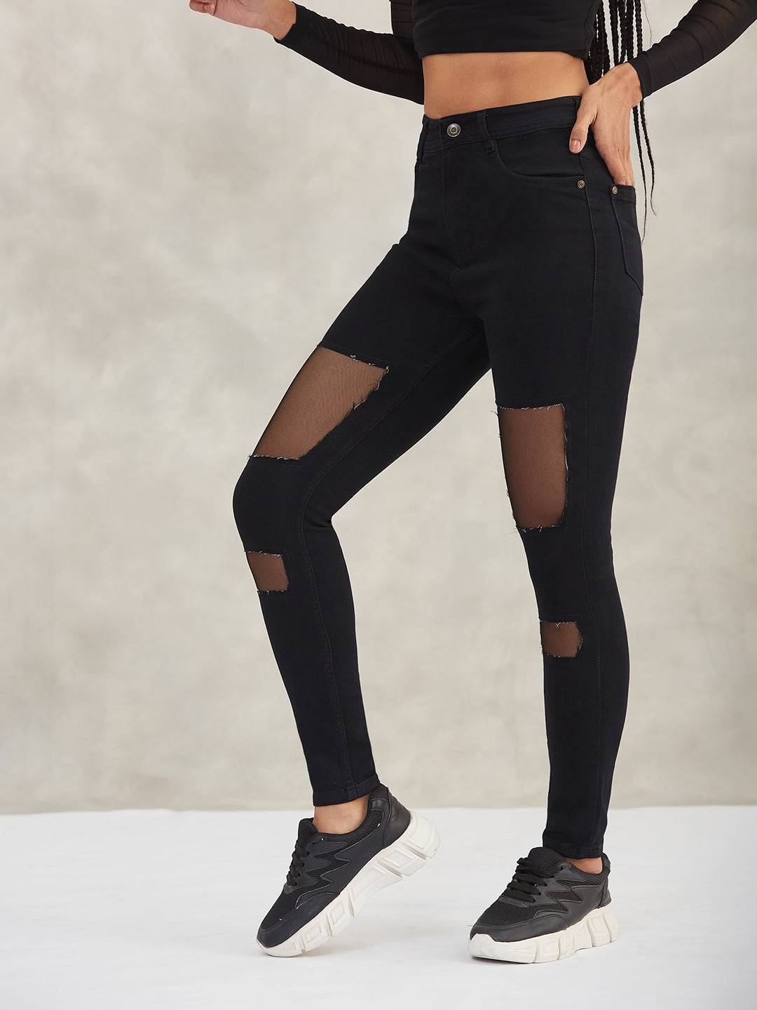 Women's Black Slim-Fit High-Rise Mild-Distress Ripped Net Detailing Denim Stretchable Jeans
