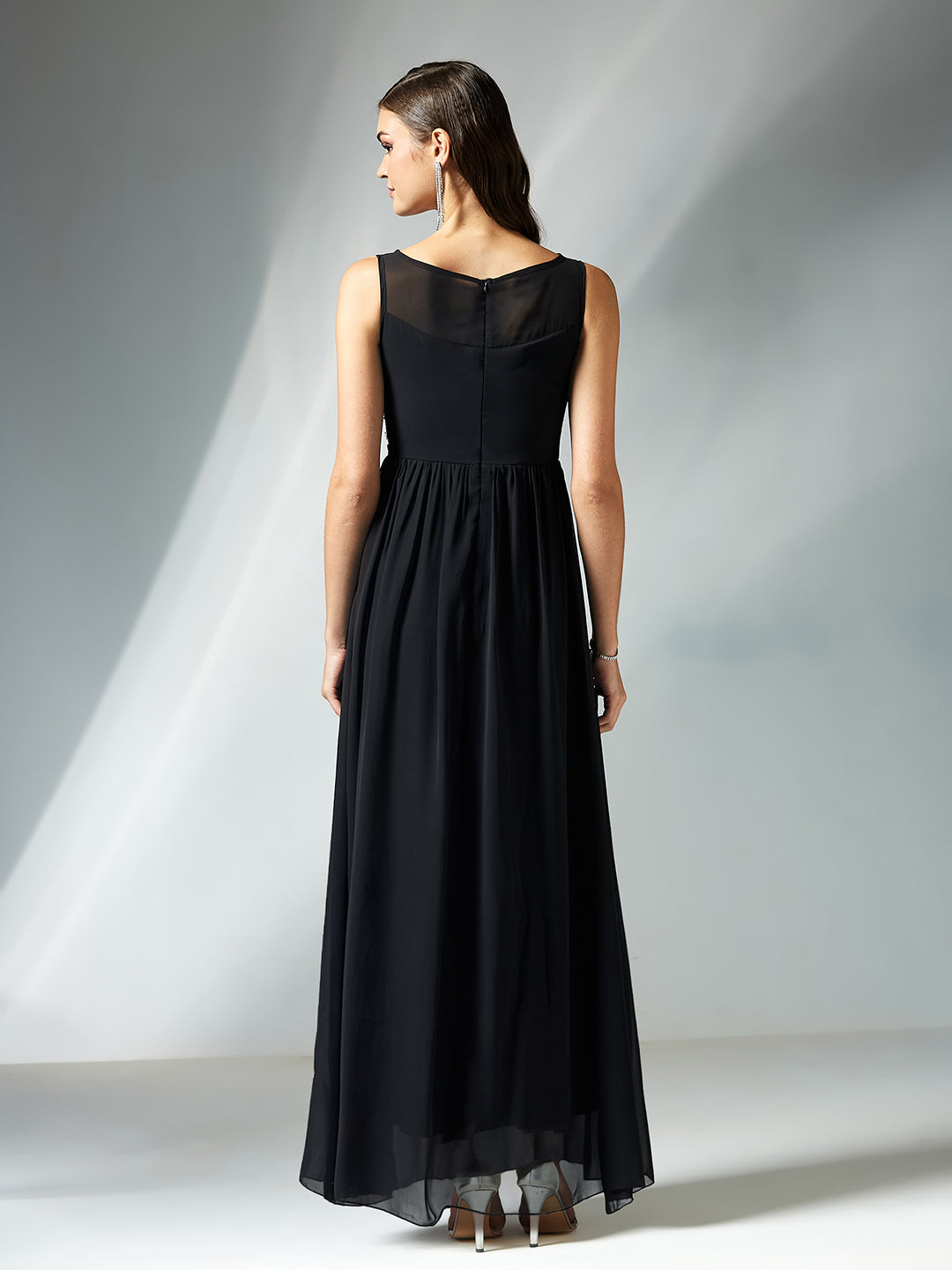 Women's Black Boat Neck Sleeveless Solid Embellished Maxi Dress