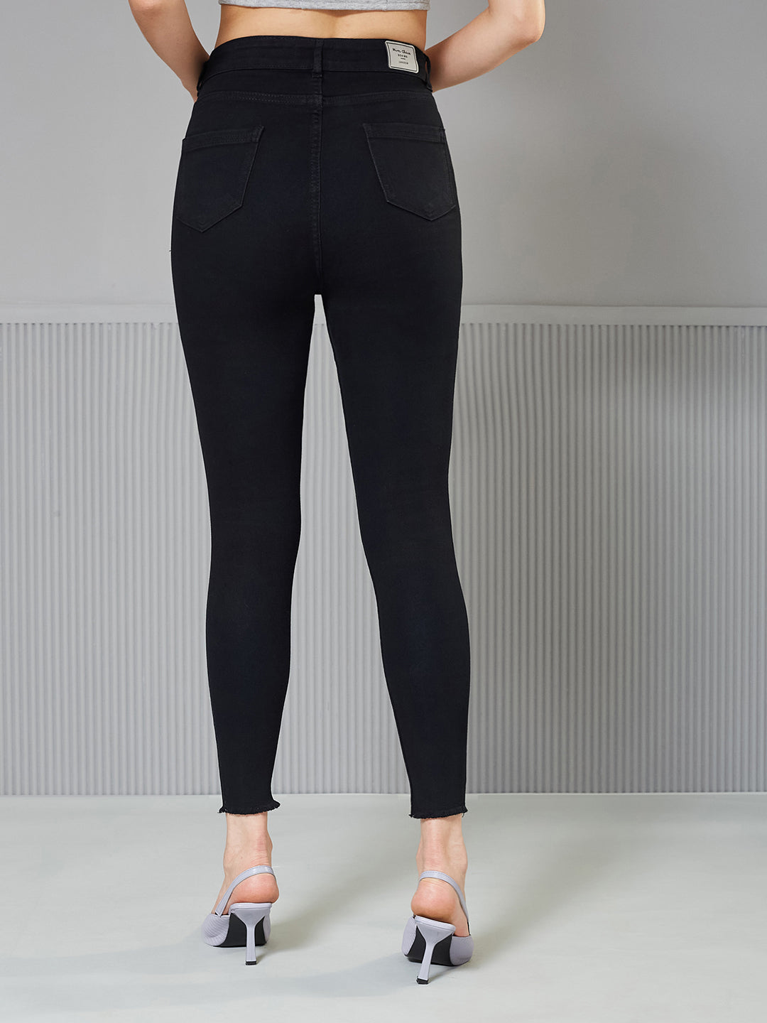 Black Skinny-Fit Fringed Detailing High-Rise Solid Cropped Stretchable Denim Jeans for Women — Miss Chase