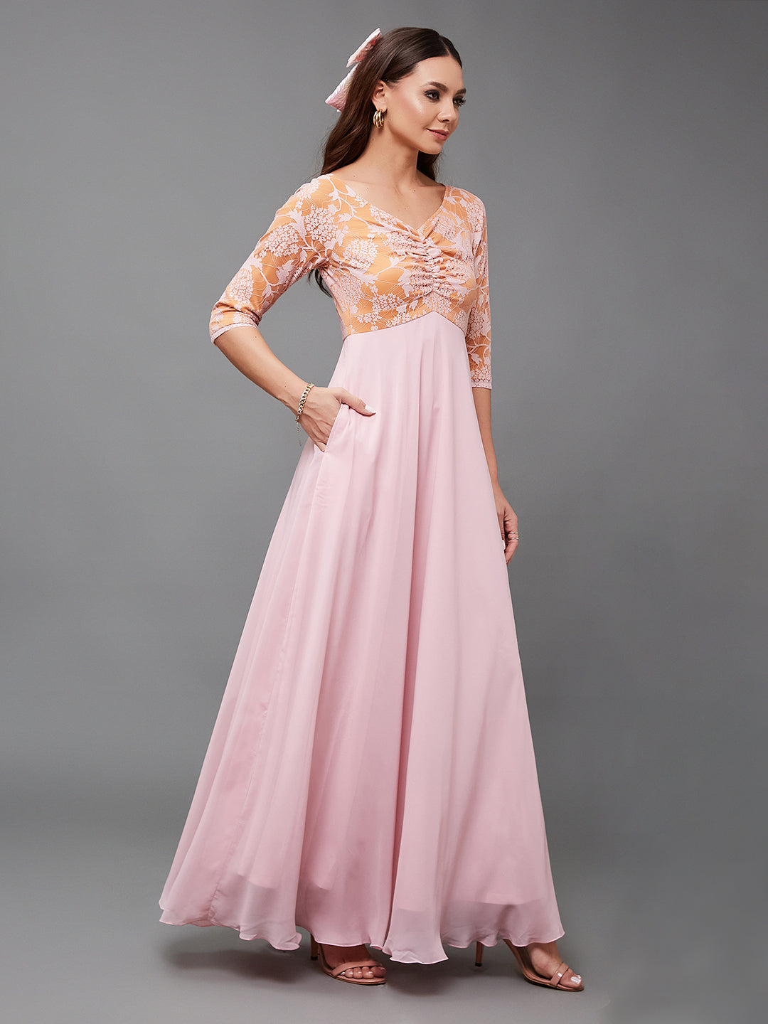 Women's Dusty Pink V-Neck Raglan-Sleeve Self-Designed Empire-Styled Georgette Maxi Dress