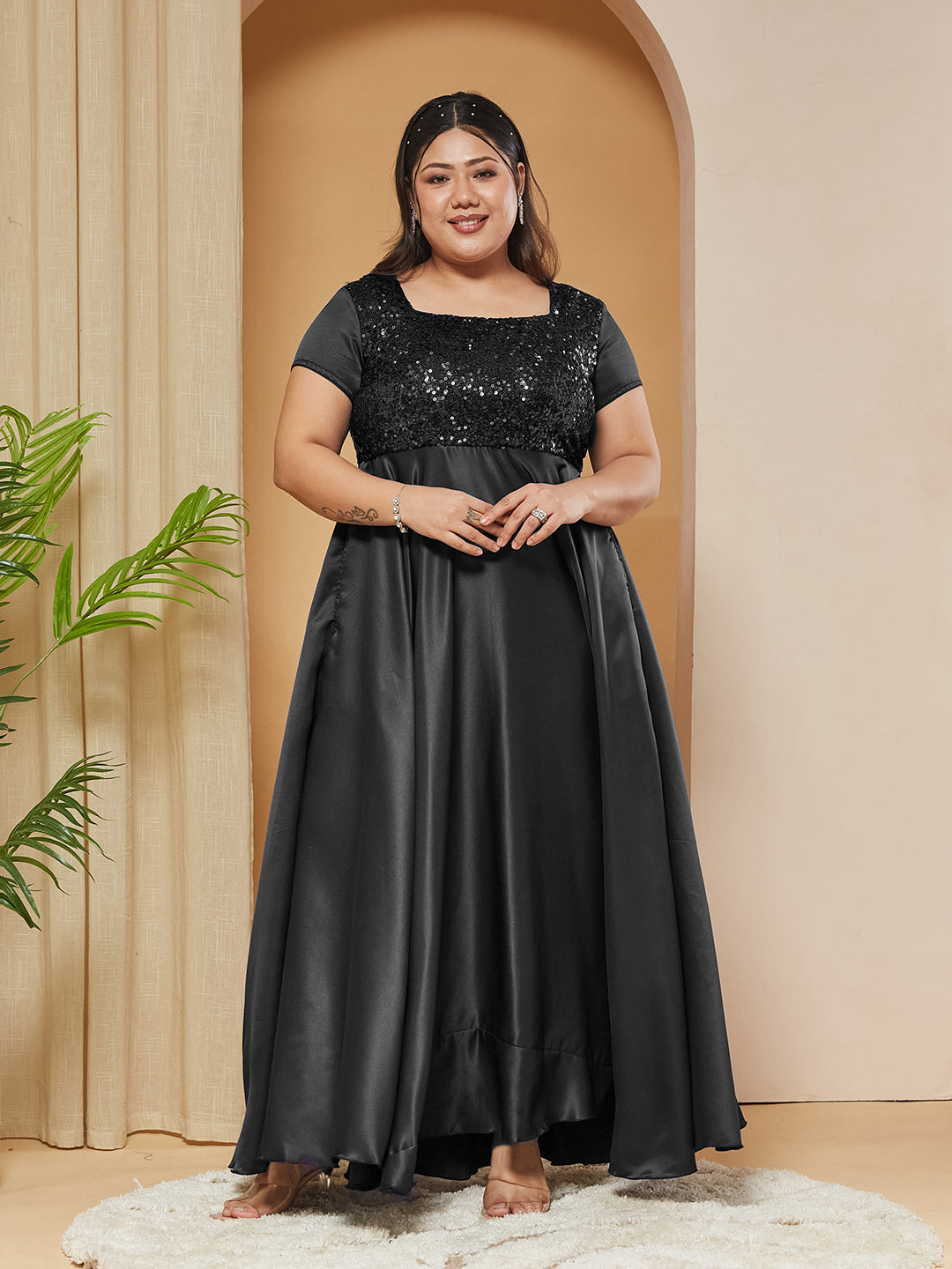 Black Square-Neck Short-Sleeves Embellished Polyester Fit & Flare Maxi Dress for Women