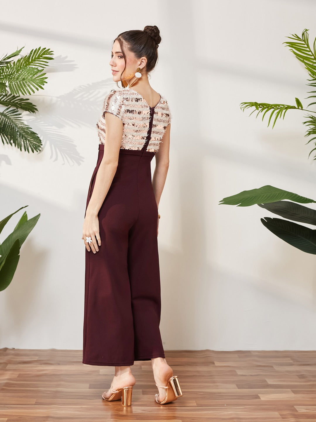 Wine & Beige Round Neck Short Sleeve Embellished Front Slit Fringed Regular Jumpsuit for Women
