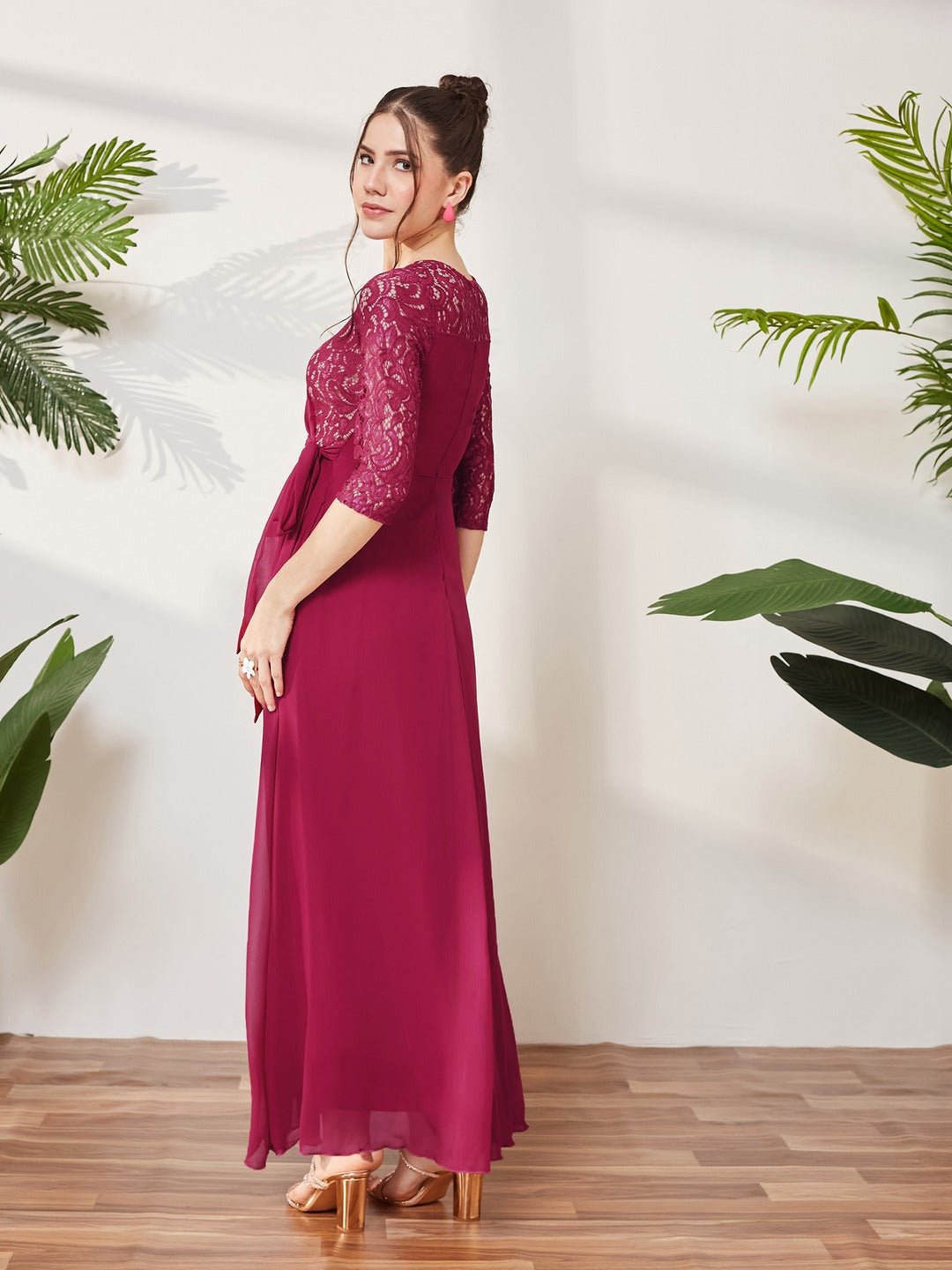 Dark Pink Colored V-Neck Three-Quarter Sleeve Self-Designed Wrap Maxi Georgette Dress for Women