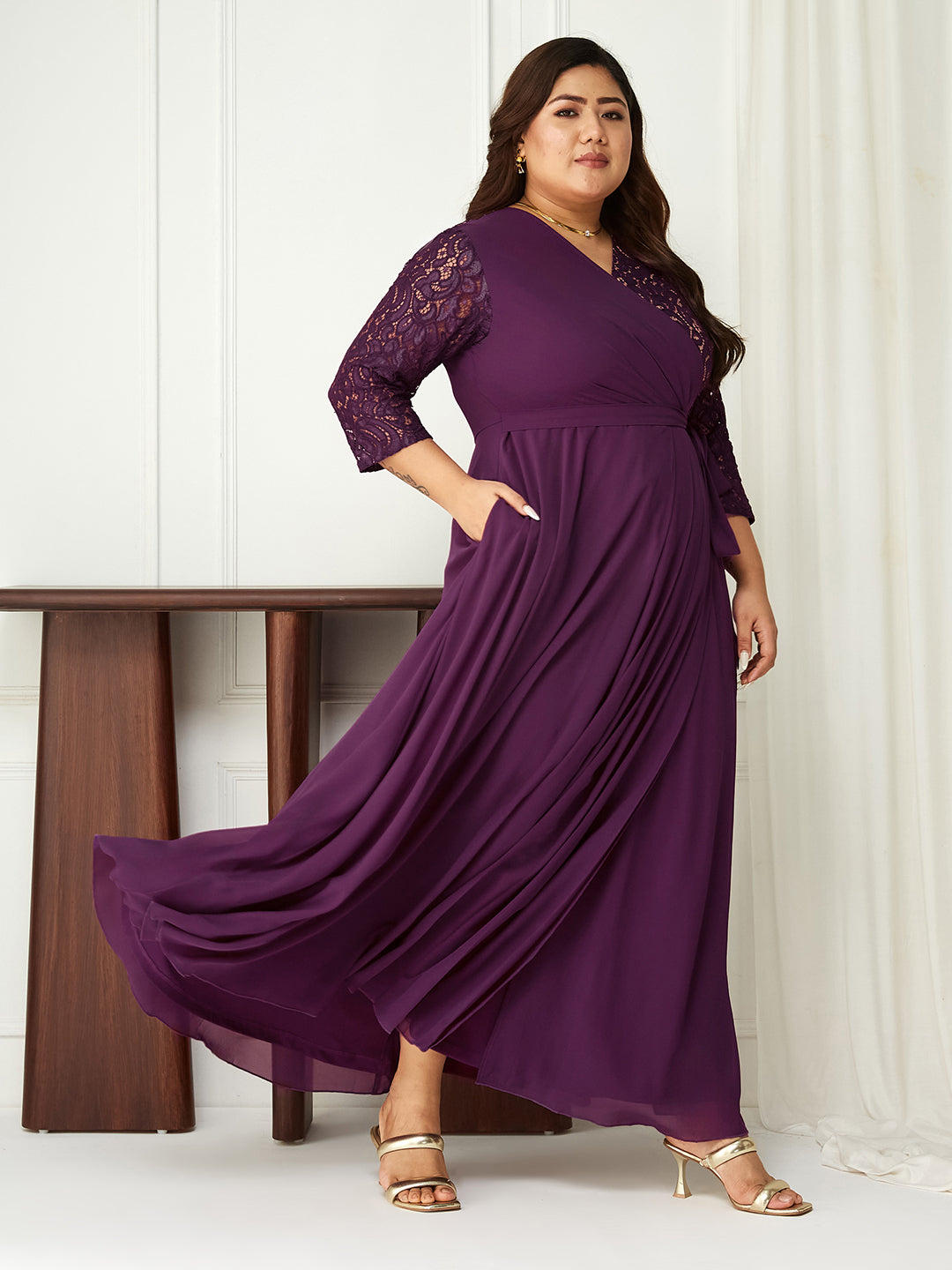Dark Purple Long Sleeves Lace Wrap Maxi Dress for Women Dark Purple Long Sleeves Lace Wrap Maxi Dress for Women
