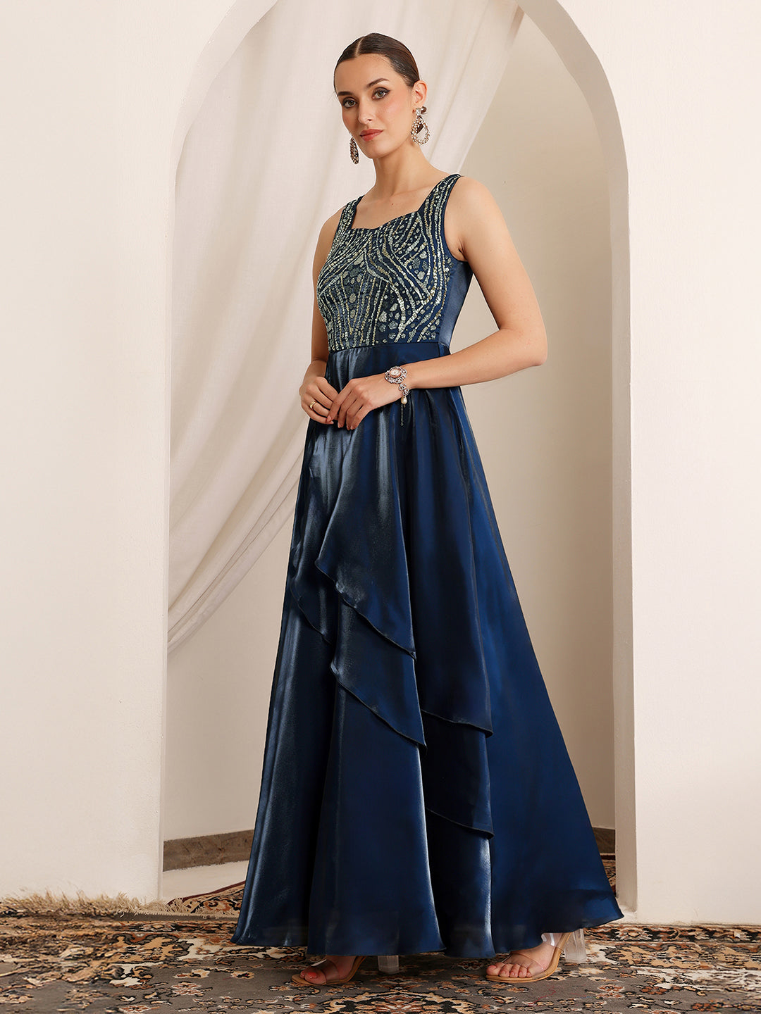 Women's Navy Blue Sweetheart Sleeveless Embroidered Layered Satin Maxi Dress