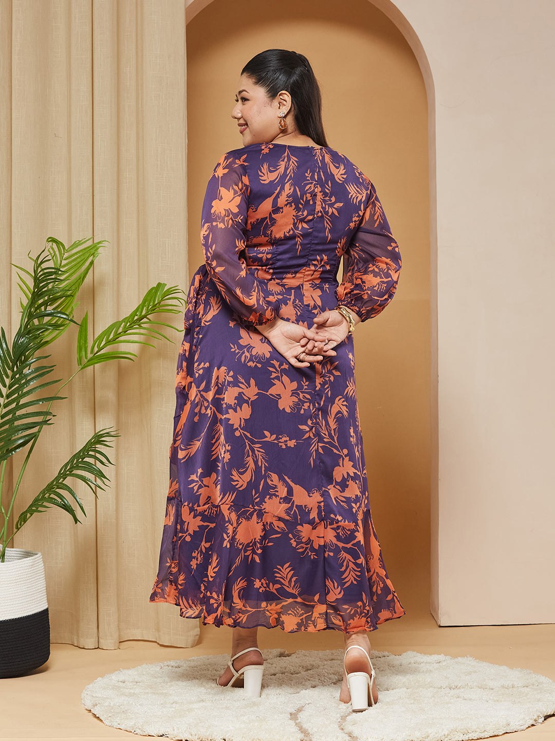 Multicolored-Base-Purple V-Neck Three-Quarter Sleeve Floral Wrap Chiffon Midi Dress for Women