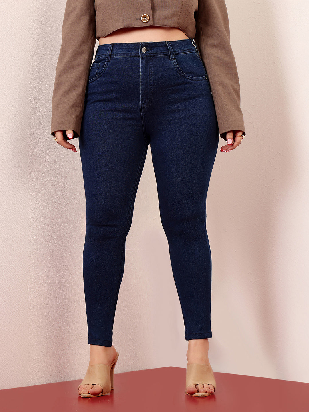 Women's Navy Blue Skinny-Fit High-Rise Cropped-Length Stretchable Denim Jeans