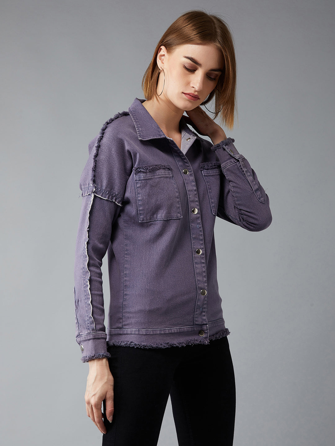 Women's Lilac Polo Neck Full Sleeves Denim Bomber Regular Length Jacket