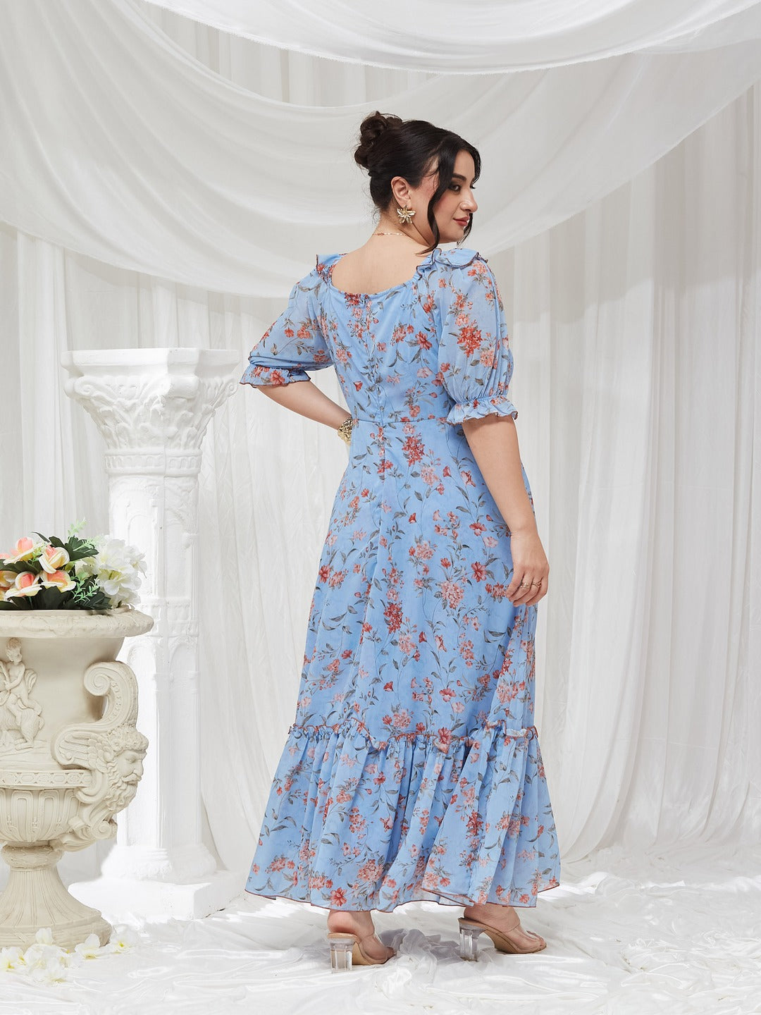 Powder Blue V-Neck Puff Sleeve Floral Ruching Ankle-Length Dress for Women — Miss Chase A+