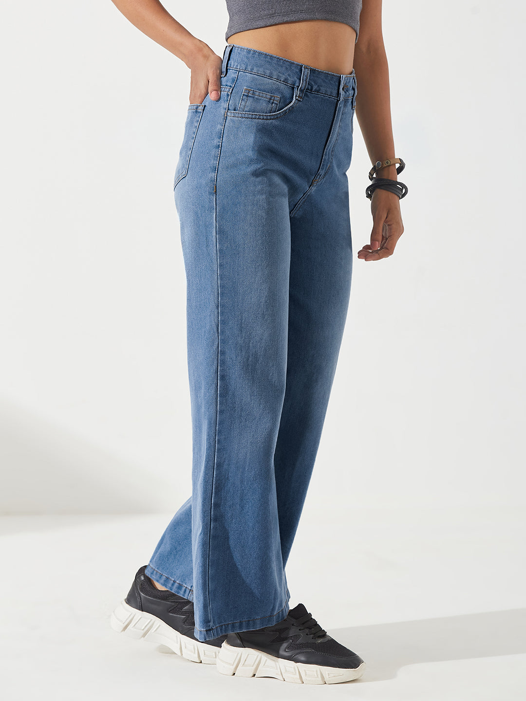 Light Blue Wide-Leg High-Rise Non-stretchable Denim Jeans For Women