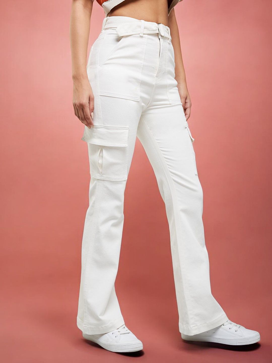 24/7 Comfort Women's White Wide Leg High Rise Clean Look Cargo Regular Stretchable Denim Jeans