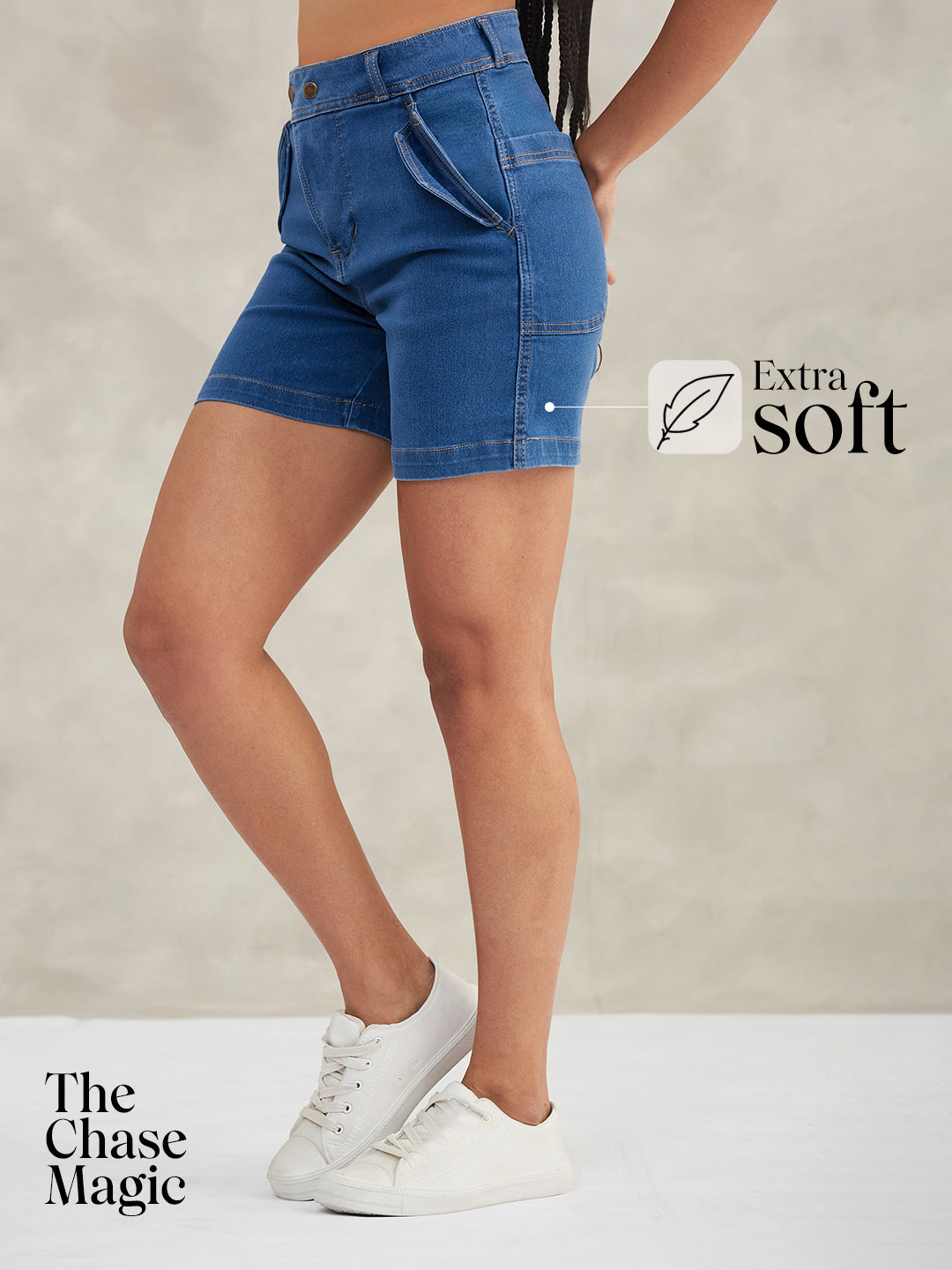 Relaxed-Fit Mid-Rise Stretchable Blue Denim Bermuda Shorts for Women