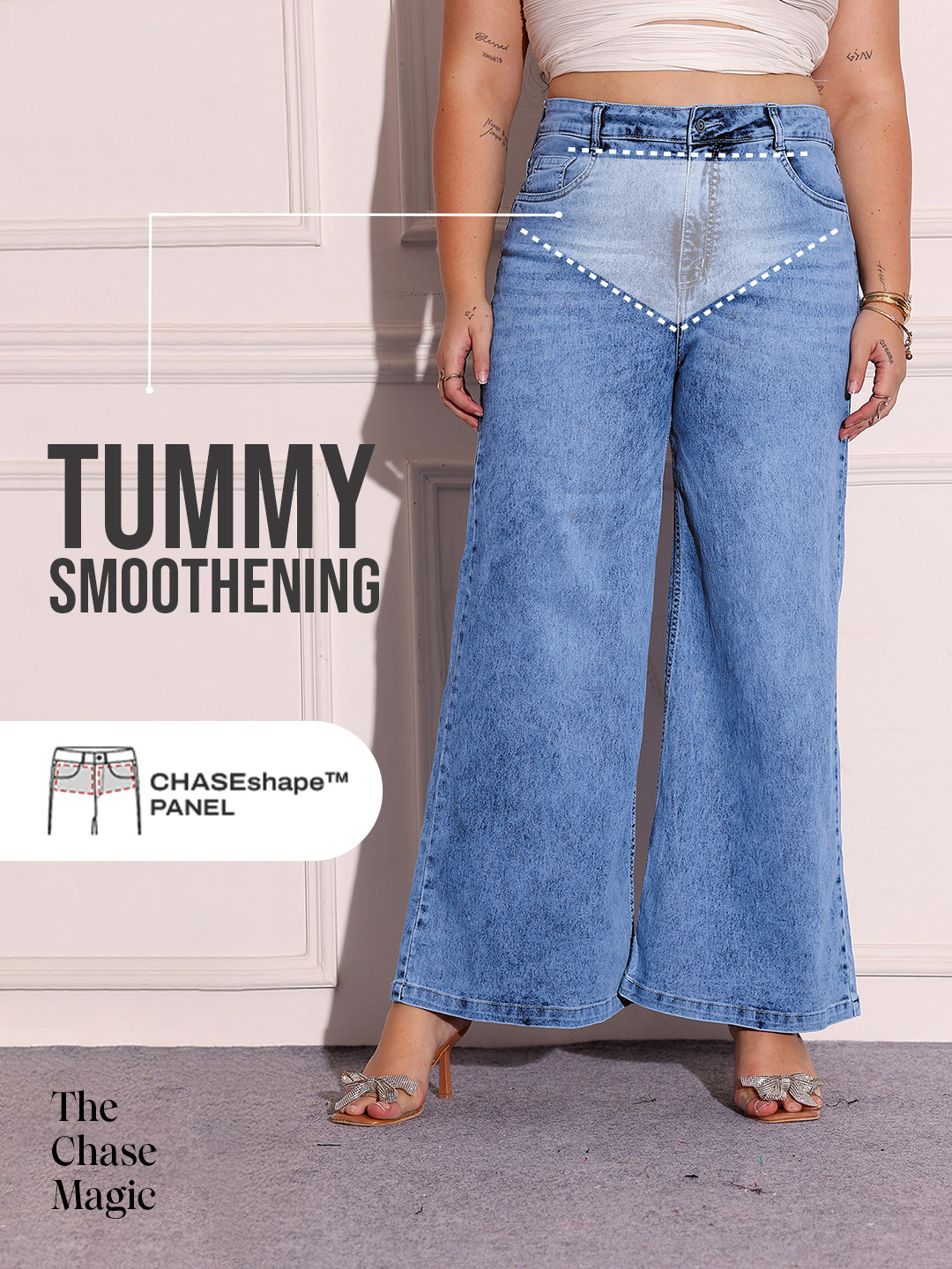 Tummy Smoothening Light-Shaping Wide-Leg High-Rise Light-Blue Denim Jeans