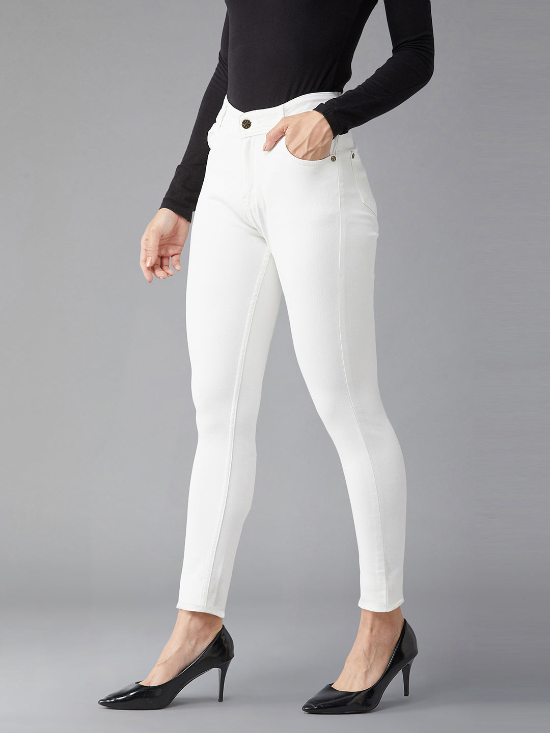 Women's White Skinny High Rise Clean Look Bleached Regular Length Stretchable Denim Jeans