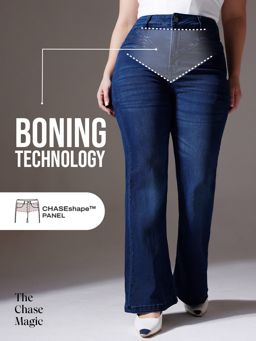 Tummy Smoothening Light-Shaping Bootcut High-Rise Navy Blue Denim Jeans with Boning Technology