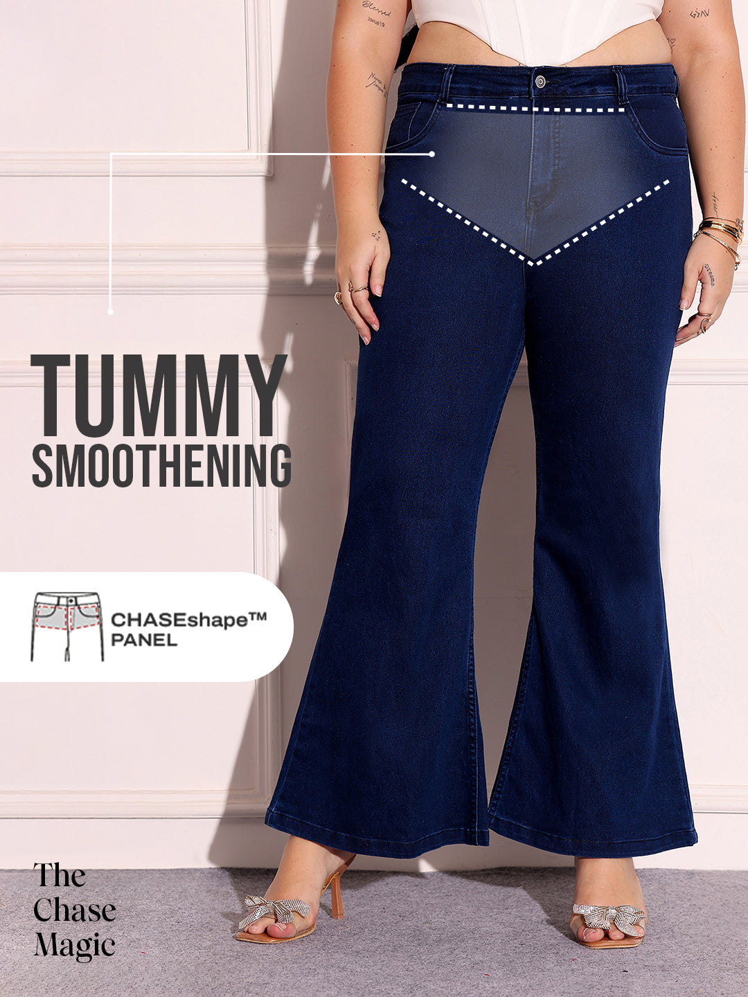 Tummy Smoothening Light-Shaping Bootcut High-Rise Navy Blue Denim Jeans
