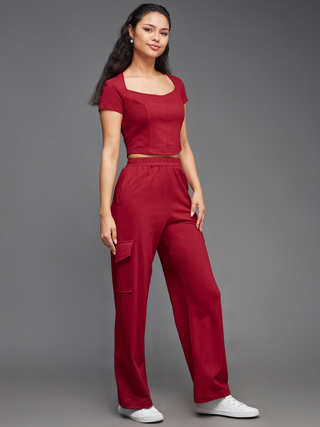 Women'S Maroon Wide-Neck Short Sleeve Solid Regular-Length Flap Pocketed Cotton Panelled Co-Ord Set