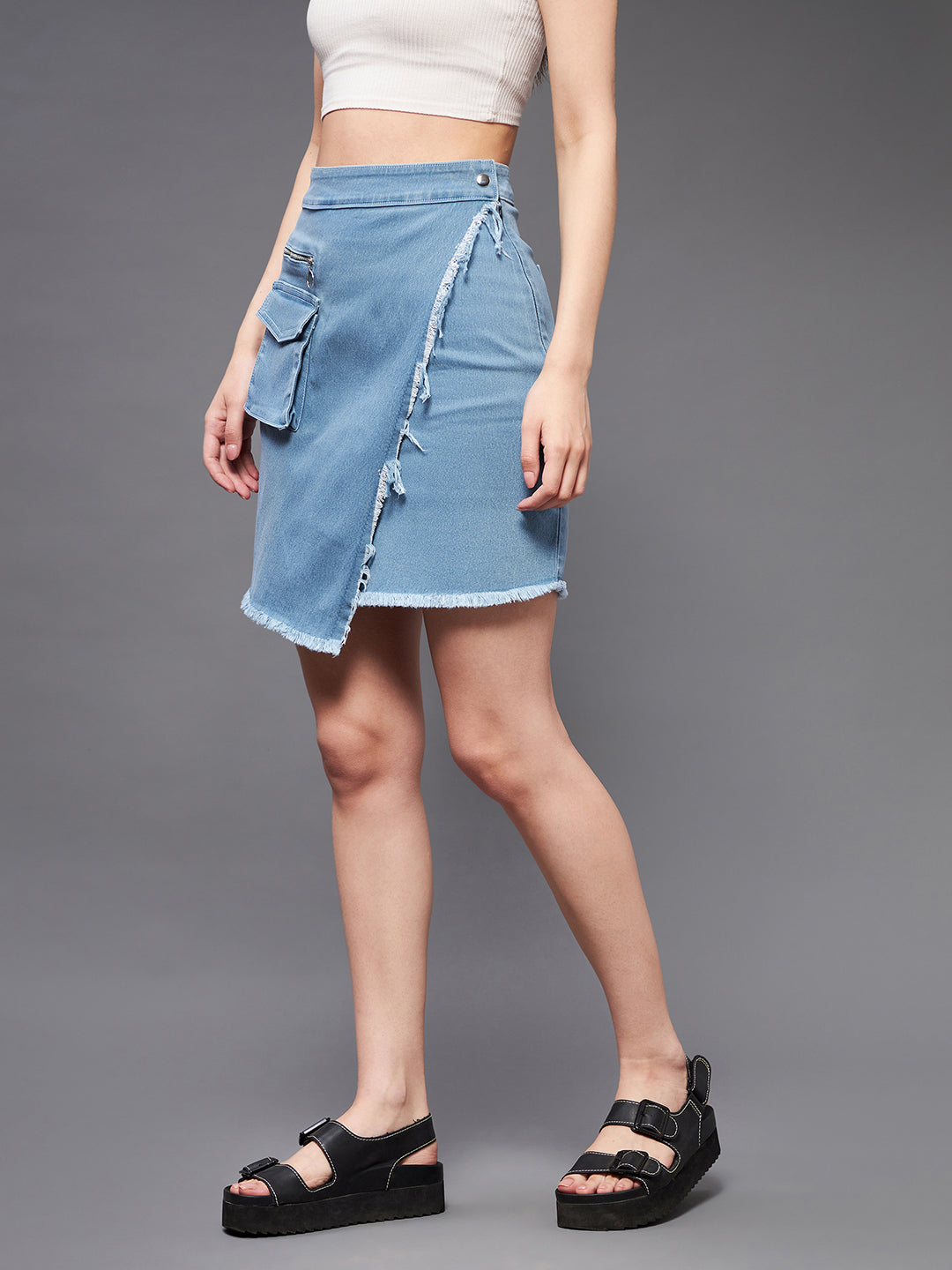 Women's Light Blue Regular High rise Clean look Above Knee Stretchable Denim Skirt