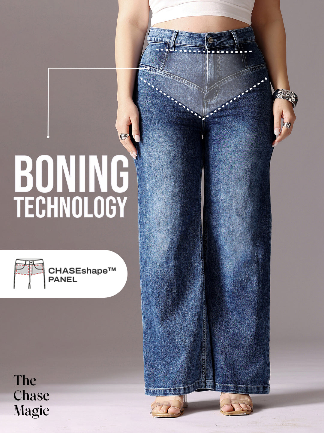 Tummy Smoothening Light-Shaping Wide-Leg High-Rise Mid-Blue Denim Jeans with Boning Technology