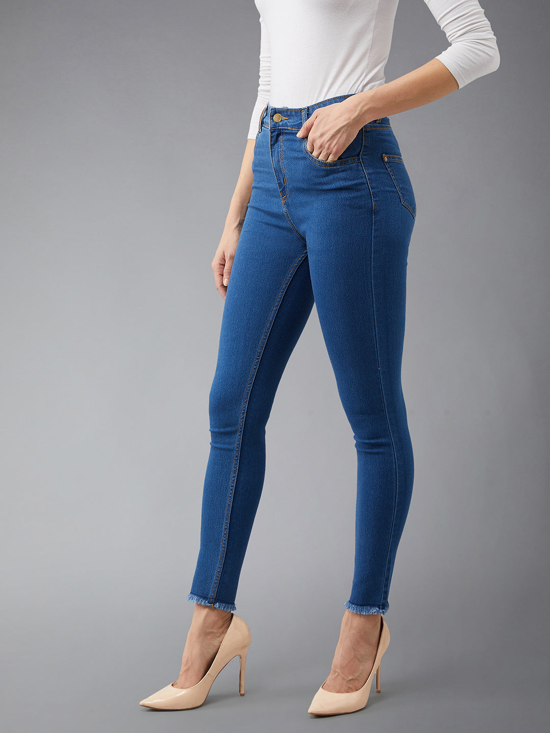 Women's Blue Skinny Fit High Rise Cropped Denim Stretchable Jeans