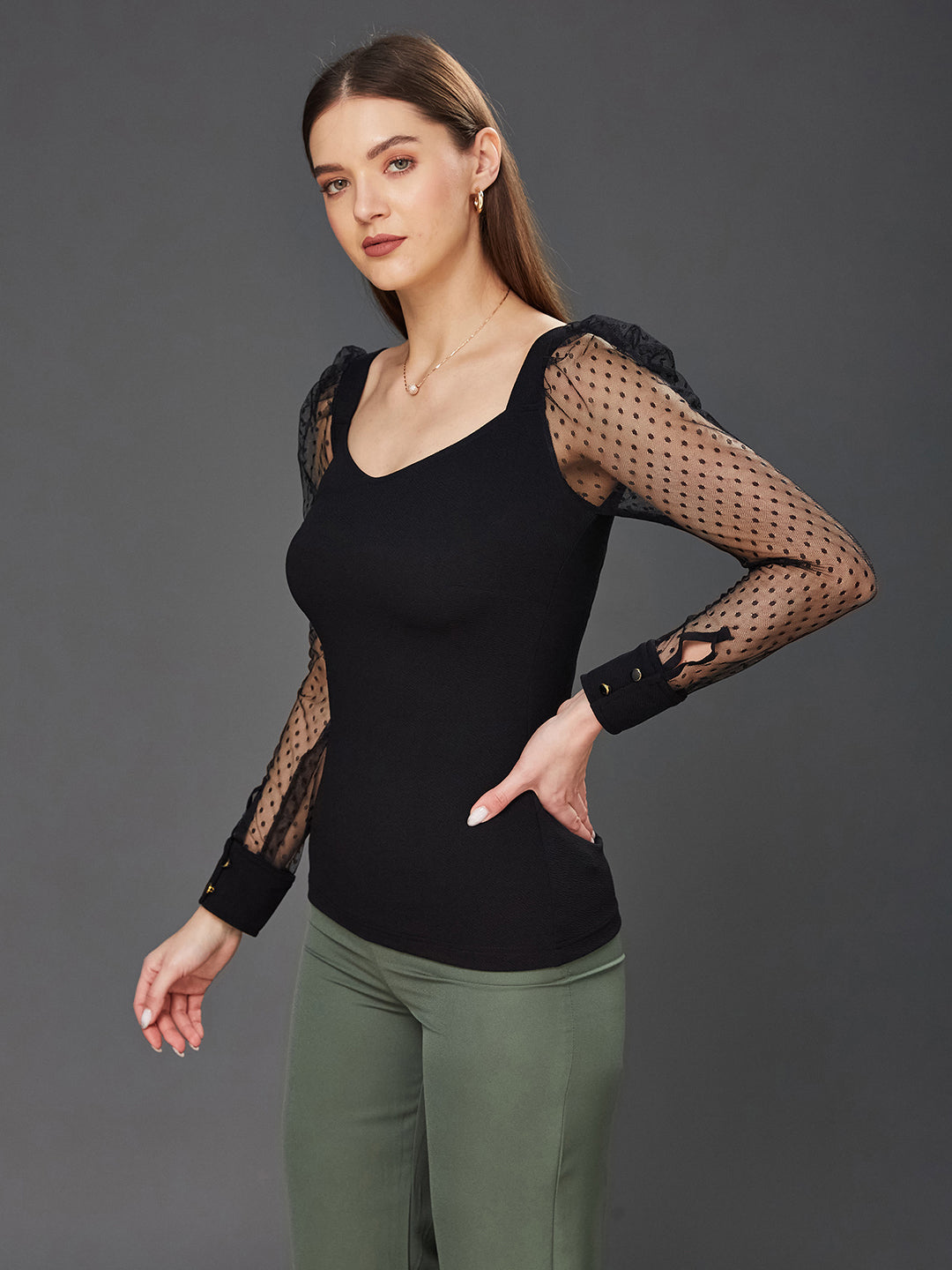 Crease Ease Women's Black Solid V-Neck Full Sleeve Relaxed Fit Regular Top