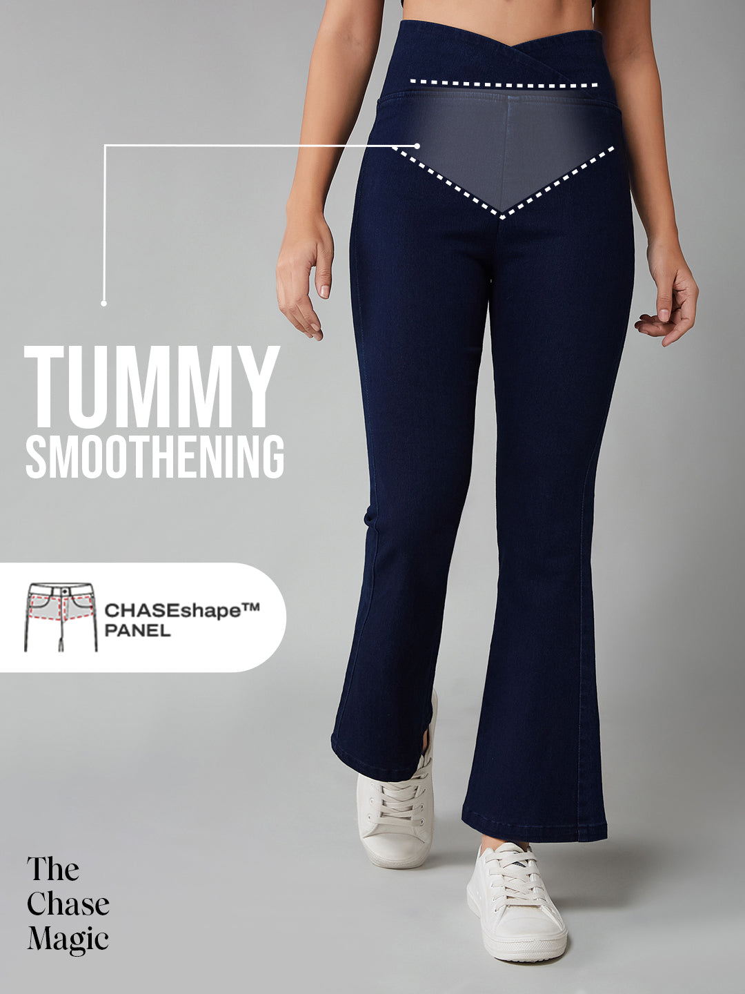 Tummy Smoothening Light-Shaping Bootcut High-Rise Navy Blue Denim Jeans