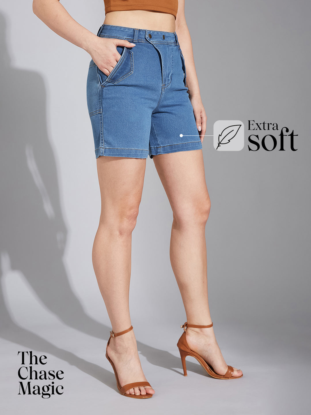 Relaxed-Fit Mid-Rise Clean-Look Stretchable Blue Denim Bermuda Shorts for Women
