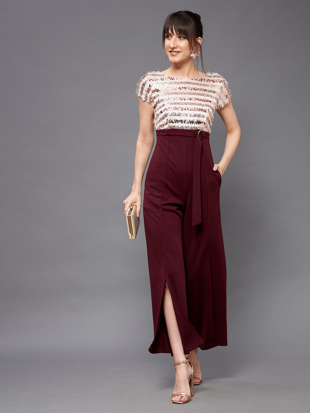 Crease Ease Cocktail Women's Wine & Beige Round Neck Short Sleeve Sequins Slit Jumpsuit