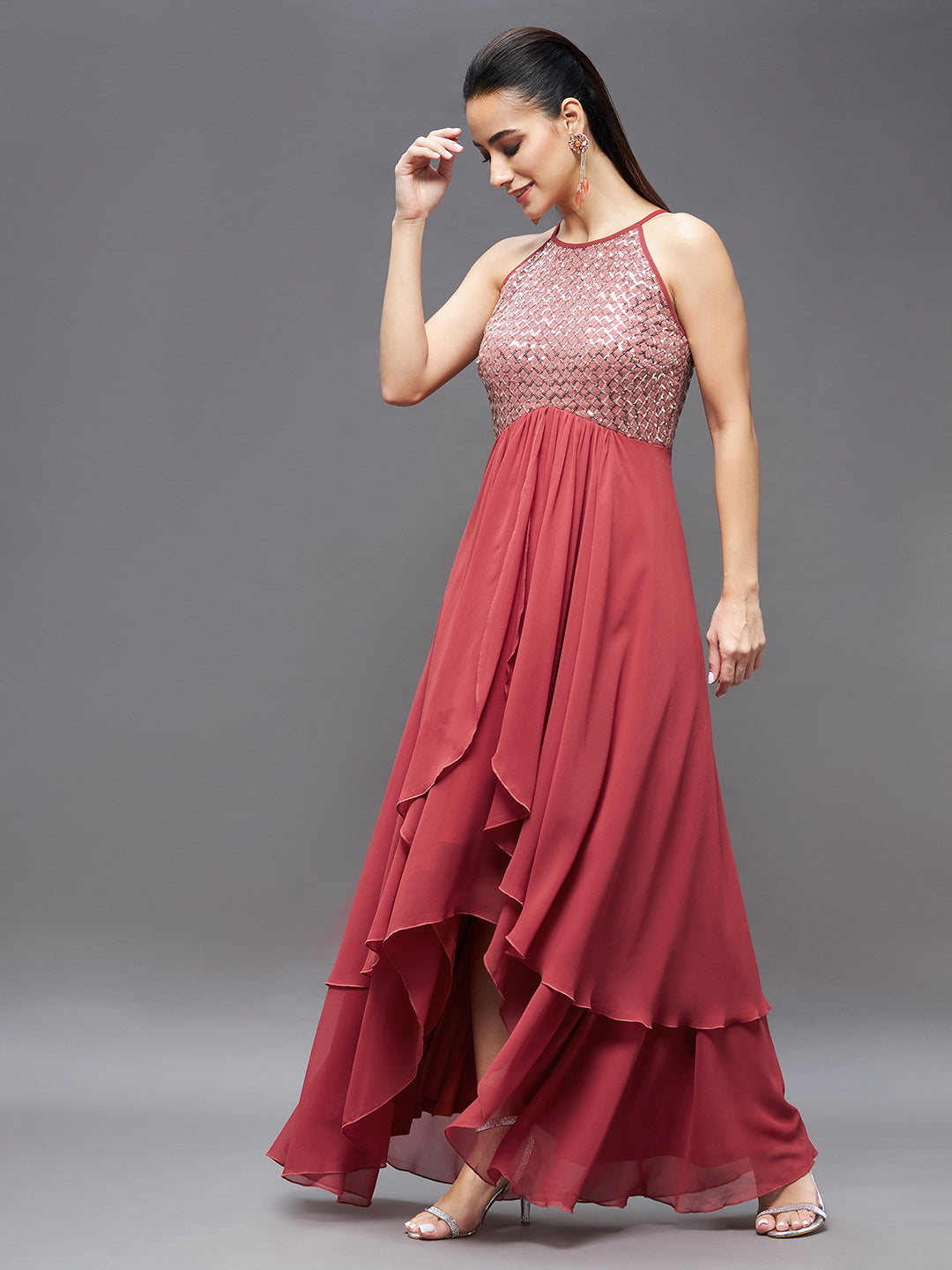 Women's Brick Red Georgette Halter Neck Sleeveless Sequined Layered Party Maxi Dress