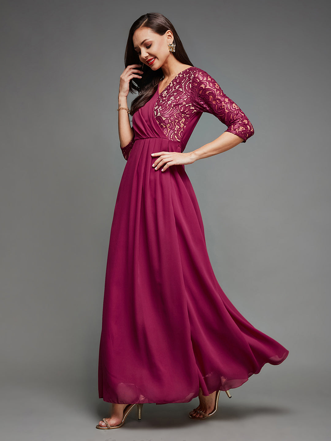 Women's Dark Pink Colored V-Neck Three-Quarter Sleeve Self-Designed Wrap Maxi Georgette Dress