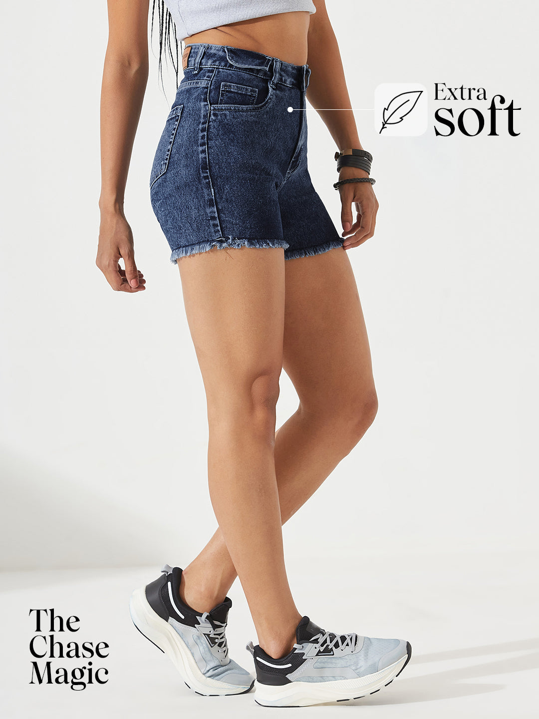 Navy-Blue Relaxed Fit High-Rise Stretchable Denim Faded Shorts for Women