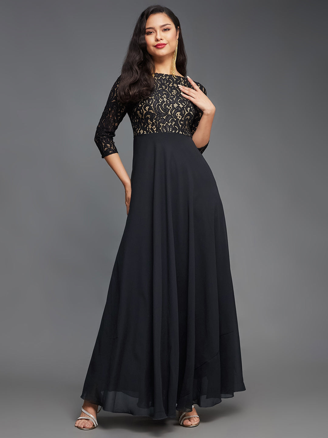 Women's Black Self Design Boat Neck 3/4 Sleeves Side Pocketed Georgette Fit and Flare Maxi Length Dress