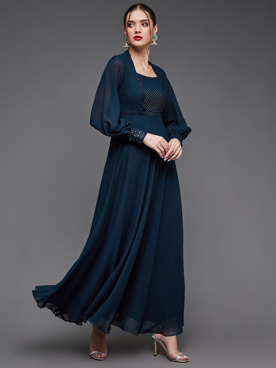 Women's Teal Mandarin-Collar Bishop Sleeve Embellished Panelled Georgette Maxi Dress