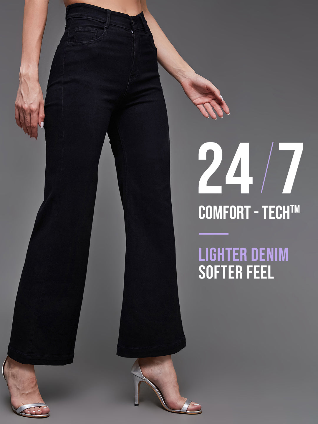 24/7 Comfort Black Wide-Leg High-Rise Stretchable Denim Jeans for Women