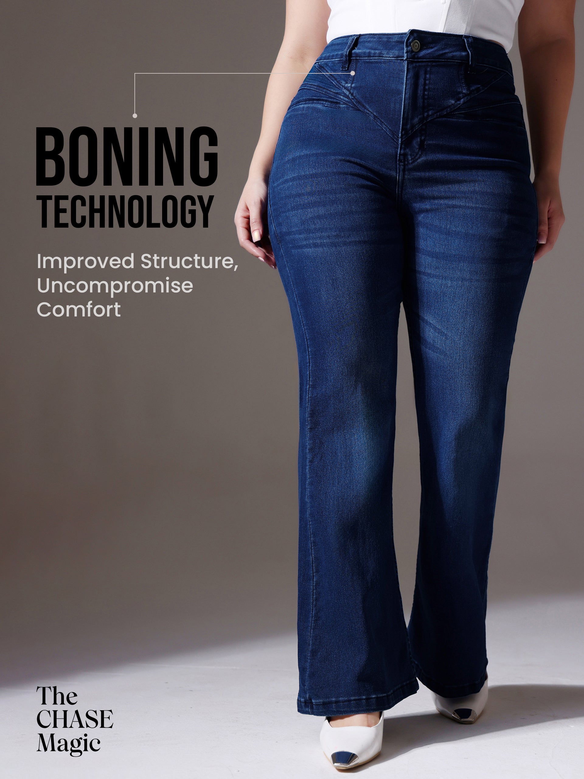 CHASEshape™ Navy Blue Bootcut High Rise Clean Look Regular-Length Stretchable Denim Shaping Jeans