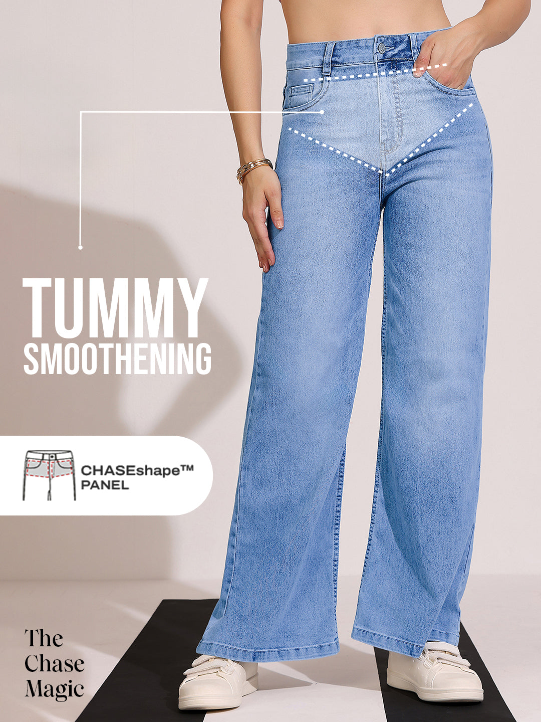 Tummy Smoothening Light-Shaping Wide-Leg High-Rise Light-Blue Denim Jeans